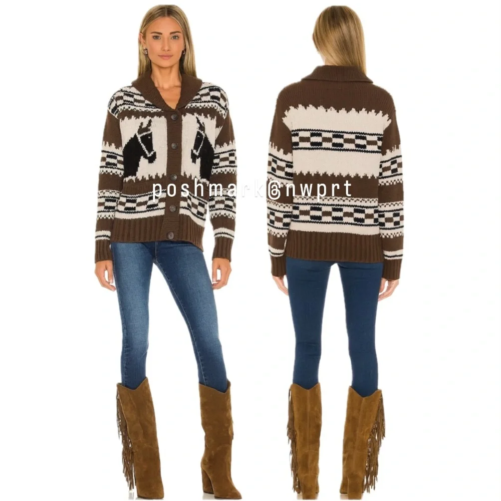Naked Cashmere ๐ด Ryder Cardigan Intarsia Knit Sweater Horse Pony Brown Black XS - Picture 13 of 13